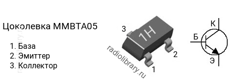 Цоколевка транзистора MMBTA05 (маркировка 1H)