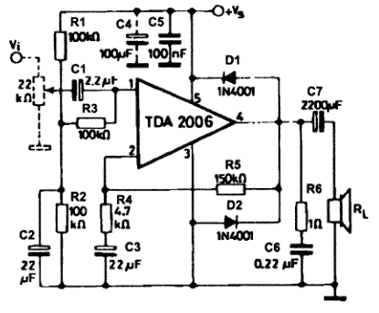 Схема включения микросхемы TDA2006 с однополярным питанием