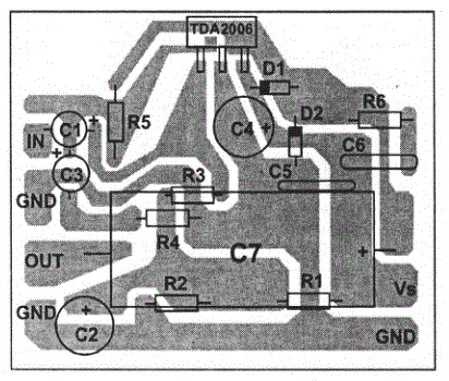 Печатная плата усилителя на TDA2006 с однополярным питанием