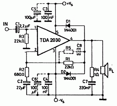 Схема включения микросхемы TDA2030 с двуполярным питанием