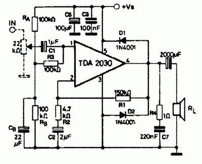 Схема включения микросхемы TDA2030 с однополярным питанием