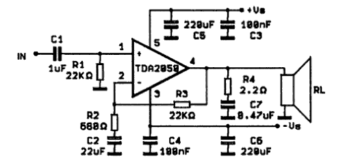 Схема включения микросхемы TDA2050 с двуполярным питанием