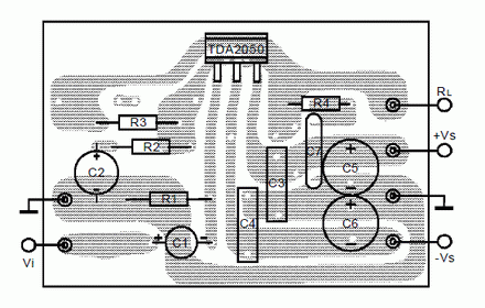 Печатная плата усилителя на TDA2050 с двуполярным питанием
