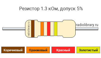 Цветовая маркировка резистора 1.3 кОм с допуском ±5%