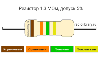 Цветовая маркировка резистора 1.3 МОм с допуском ±5%