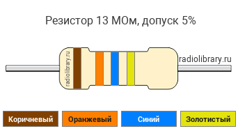 Цветовая маркировка резистора 13 МОм с допуском ±5%