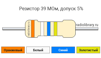 Цветовая маркировка резистора 39 МОм с допуском ±5%
