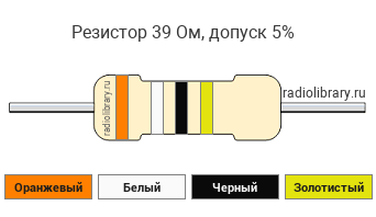 Цветовая маркировка резистора 39 Ом с допуском ±5%