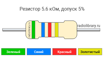 Цветовая маркировка резистора 5.6 кОм с допуском ±5%