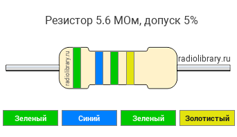 Цветовая маркировка резистора 5.6 МОм с допуском ±5%