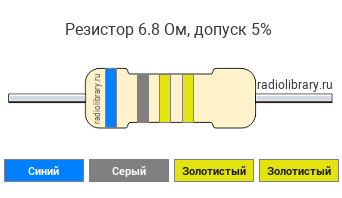 Цветовая маркировка резистора 6.8 Ом с допуском ±5%